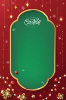 Merry Christmas sign banner green wood frame with empty space and festive decoration on red background vector
