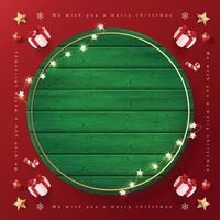 Merry Christmas sign banner green wood frame with empty space and festive decoration on red background vector