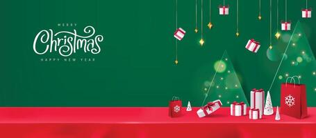 Merry Christmas banner red tablecloth product display with copy space and gift box decorate christmas tree background vector
