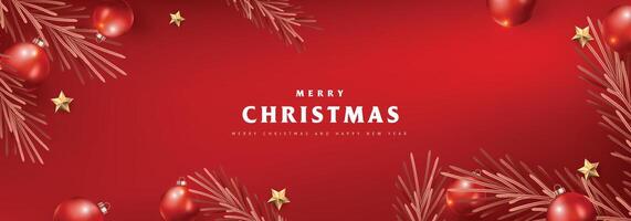 Merry Christmas and Happy New Year red Background Christmas Tree Branches decoration. Merry Christmas text Calligraphic Lettering illustration. vector