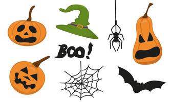 set of design elements for Halloween. Image of a pumpkin with different faces, a spider with a web and a bat. Creepy hand drawings on a white background. vector