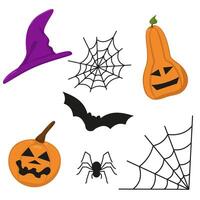 set of design elements for Halloween. Image of a pumpkin with faces, a hat, a web with spiders and a bat. Creepy hand drawings on a white background. vector