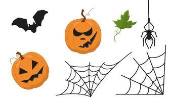 set of design elements for Halloween. Color image of a pumpkin with faces, a spider with a web and a bat. Creepy hand drawings on a white background. vector
