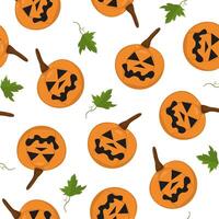 image of a Halloween pumpkin with leaves. Seamless pumpkin pattern with carved scary faces. Image for textiles, packaging and wallpaper. vector