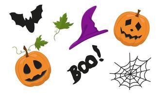 set of design elements for Halloween. Image of a pumpkin with faces, a hat, a cobweb and a bat. Creepy hand drawings on a white background. vector