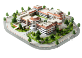 Hospital building complex with modern design and landscaping, medical healthcare facility. Isolated on a transparent background. png