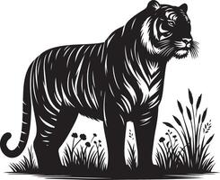 black silhouette of standing tiger on white background of illustration vector