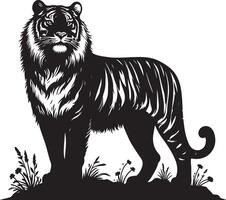 black silhouette of standing tiger on white background of illustration vector