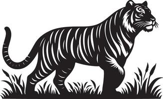 black silhouette of standing tiger on white background of illustration vector