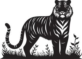 black silhouette of standing tiger on white background of illustration vector