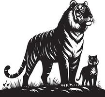 black silhouette of standing tiger on white background of illustration vector