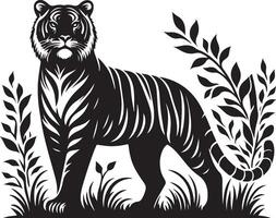black silhouette of standing tiger on white background of illustration vector