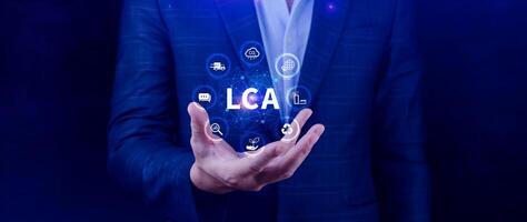 LCA, Life cycle assessment concept, ISO LCA standard aims to limit climate change, Methodology for assessing environmental impacts associated on value chain product. photo
