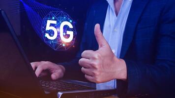 5G network concept, Business using with holographic digital globe with interconnected 5G symbols, 5G technology in modern business and communication, digital transformation. photo
