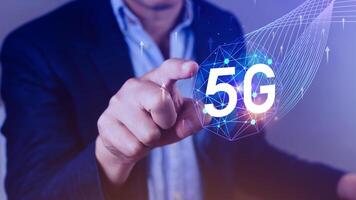 5G network concept, Business using with holographic digital globe with interconnected 5G symbols, 5G technology in modern business and communication, digital transformation. photo