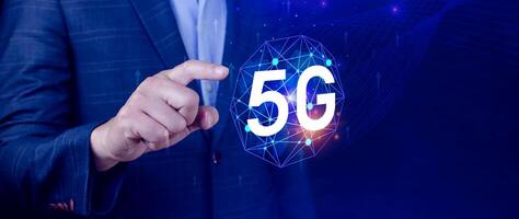 5G network concept, Business using with holographic digital globe with interconnected 5G symbols, 5G technology in modern business and communication, digital transformation. photo