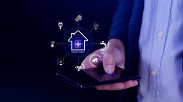 Smart home technology, User touches virtual screen on smartphone manage smart home features including security, lighting, temperature, Smart home and Iot concept. photo