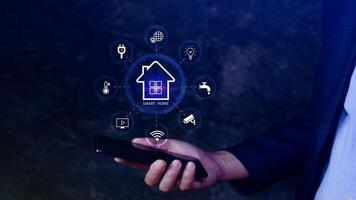 Smart home technology, User touches virtual screen on smartphone manage smart home features including security, lighting, temperature, Smart home and Iot concept. photo