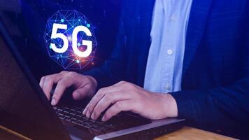 5G network concept, Business using with holographic digital globe with interconnected 5G symbols, 5G technology in modern business and communication, digital transformation. photo