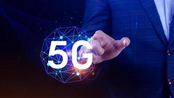 5G network concept, Business using with holographic digital globe with interconnected 5G symbols, 5G technology in modern business and communication, digital transformation. photo