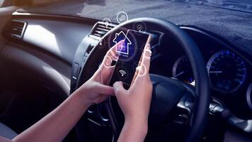 Smart home technology, User touches virtual screen on smartphone manage smart home features including security, lighting, temperature, Smart home and Iot concept. photo