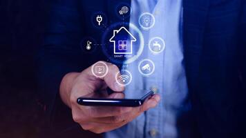 Smart home technology, User touches virtual screen on smartphone manage smart home features including security, lighting, temperature, Smart home and Iot concept. photo