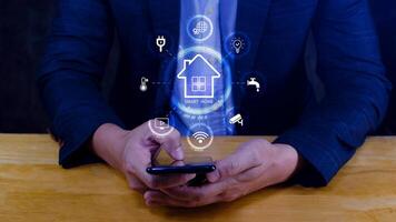 Smart home technology, User touches virtual screen on smartphone manage smart home features including security, lighting, temperature, Smart home and Iot concept. photo