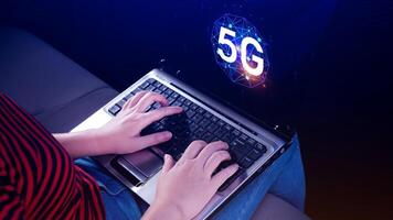 5G network concept, Business using with holographic digital globe with interconnected 5G symbols, 5G technology in modern business and communication, digital transformation. photo