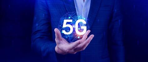 5G network concept, Business using with holographic digital globe with interconnected 5G symbols, 5G technology in modern business and communication, digital transformation. photo