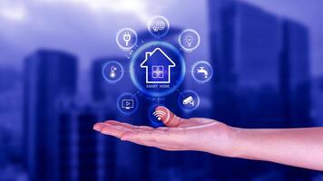 Smart home technology, User touches virtual screen manage smart home features including security, lighting, temperature, Smart home and Iot concept. photo