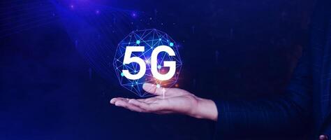5G network concept, Business using with holographic digital globe with interconnected 5G symbols, 5G technology in modern business and communication, digital transformation. photo