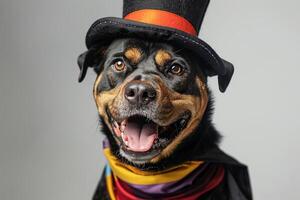 Happy Dog wearing Magician costumes, studio lighting, isolated on white background, stock photographic style photo