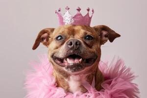Happy Dog wearing Prince costumes, studio lighting, isolated on white background, stock photographic style photo
