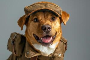 Happy Dog wearing Mail Carrier costumes, studio lighting, isolated on white background, stock photographic style photo