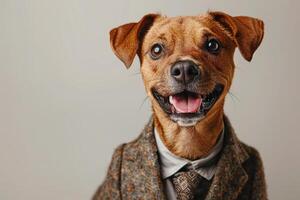 Happy Dog wearing News Anchor costumes, studio lighting, isolated on white background, stock photographic style photo