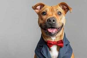 Happy Dog wearing News Anchor costumes, studio lighting, isolated on white background, stock photographic style photo