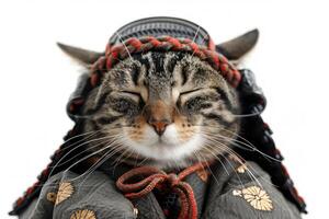 Happy cat wearing Samurai costumes, studio lighting, isolated on white background, stock photographic style photo
