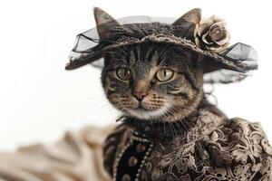 Happy cat wearing Victorian Lady costumes, studio lighting, isolated on white background, stock photographic style photo