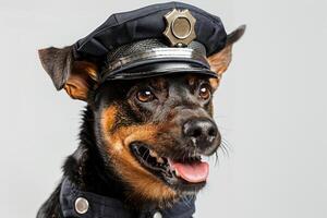 Happy Dog wearing Police Officer costumes, studio lighting, isolated on white background, stock photographic style photo