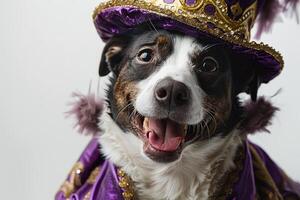 Happy Dog wearing Prince costumes, studio lighting, isolated on white background, stock photographic style photo