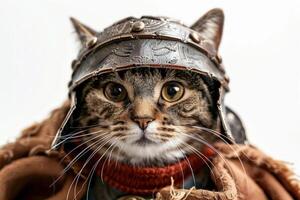 Happy cat wearing Gladiator costumes, studio lighting, isolated on white background, stock photographic style photo