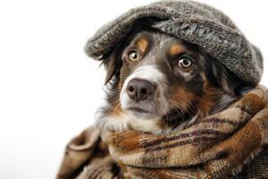 Happy Dog wearing Medieval Peasant costumes, studio lighting, isolated on white background, stock photographic style photo