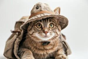 Happy cat wearing Safari Explorer costumes, studio lighting, isolated on white background, stock photographic style photo