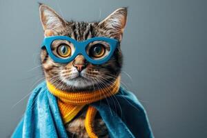 Happy cat wearing Superhero costumes, studio lighting, isolated on white background, stock photographic style photo