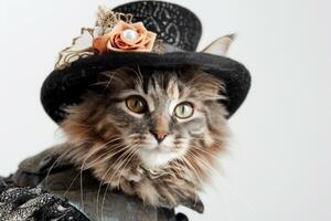 Happy cat wearing Victorian Lady costumes, studio lighting, isolated on white background, stock photographic style photo