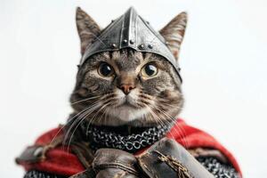 Happy cat wearing Knight costumes, studio lighting, isolated on white background, stock photographic style photo