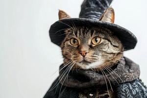 Happy cat wearing Gothic costumes, studio lighting, isolated on white background, stock photographic style photo