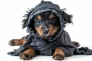 Happy Dog wearing Ninja costumes, studio lighting, isolated on white background, stock photographic style photo