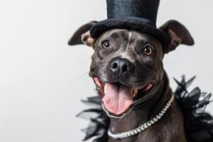 Happy Dog wearing Flapper costumes, studio lighting, isolated on white background, stock photographic style photo
