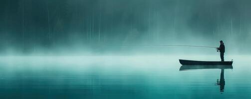 Fisherman casting a line in a serene lake, leisure activity, Patience and relaxation photo